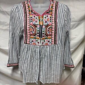 Velvet by Graham & Spencer Striped Embroidered Blouse 100% Cotton